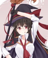 Rule 34 | 10s, 1girl, :p, broom, brown hair, cape, choukai (kancolle), glasses, halloween, hat, highres, kantai collection, necktie, red eyes, simple background, solo, tongue, tongue out, witch hat, yukichi (sukiyaki39)
