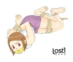 Rule 34 | 1girl, arms behind back, bdsm, belt, bondage, bound, bound ankles, bound legs, bound wrists, breasts, brown hair, cloth gag, digimon, gag, gagged, hair ornament, hairclip, imminent rape, improvised gag, lost one zero, over the mouth gag, pants, purple pants, red eyes, shirt, tape, tape bondage, tape gag, white shirt, yagami hikari, you gonna get raped