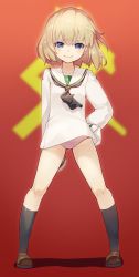 Rule 34 | &gt;:), 10s, 1girl, alternate costume, arms behind back, black socks, blonde hair, blue eyes, blush, brown footwear, closed mouth, collarbone, emblem, full body, girls und panzer, gluteal fold, hand on own hip, highres, katyusha (girls und panzer), kneehighs, legs apart, legs together, loafers, long sleeves, looking at viewer, meth (emethmeth), neckerchief, no pants, ooarai school uniform, orange background, oversized clothes, oversized shirt, panties, pantyshot, pink panties, pravda (emblem), school uniform, serafuku, shirt, shoes, short hair, simple background, sleeves past wrists, smile, socks, solo, standing, thighs, underwear, v-shaped eyebrows