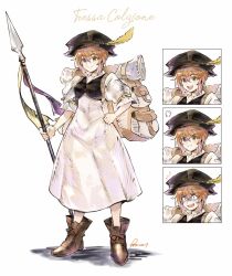 Rule 34 | 1girl, aubz, bag, brown hair, dress, full body, gloves, green eyes, hat, highres, jewelry, looking at viewer, necklace, octopath traveler, octopath traveler i, open mouth, polearm, short hair, simple background, smile, spear, tressa (octopath traveler), weapon