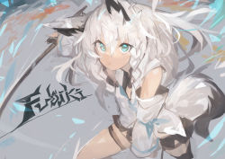 Rule 34 | 1girl, absurdres, animal ears, blue eyes, character name, fox ears, fox girl, fox tail, grey background, highres, holding, holding sword, holding weapon, hololive, hololive alternative, kaamin (mariarose753), katana, long hair, looking at viewer, shirakami fubuki, shirakami fubuki (1st costume), silver hair, solo, sword, tail, virtual youtuber, weapon