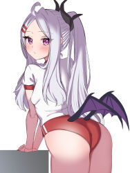 Rule 34 | 1girl, absurdres, ahoge, alternate costume, arm support, ass, balbal (balbal 1118), bent over, blue archive, buruma, commentary request, demon girl, demon horns, demon wings, forehead, from behind, gym shirt, gym uniform, hair ornament, hairclip, halo, highres, hina (blue archive), horns, long hair, looking at viewer, looking back, parted bangs, parted lips, ponytail, purple eyes, red buruma, shirt, short sleeves, sidelocks, simple background, sketch, solo, wavy hair, white background, white hair, white shirt, wings