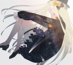 Rule 34 | 1girl, abigail williams (fate), black bow, black dress, black footwear, black hat, blonde hair, bow, bug, butterfly, closed eyes, dress, fate/grand order, fate (series), forehead, from side, hair bow, hat, high heels, highres, insect, long hair, long sleeves, looking at viewer, orange bow, parted bangs, polka dot, polka dot bow, shoes, shooting star, sleeves past wrists, solo, sousou (sousouworks), very long hair