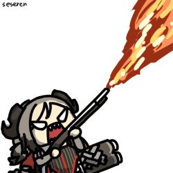 Rule 34 | 1girl, animated, animated gif, arknights, female focus, flamethrower, horns, ifrit (arknights), lowres, open mouth, seseren, sharp teeth, solo, teeth, weapon