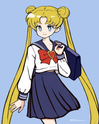 Rule 34 | 1girl, bishoujo senshi sailor moon, blonde hair, blue eyes, blue skirt, bow, bowtie, bright pupils, closed mouth, double bun, hair bun, hair intakes, heart, light blue background, long hair, long sleeves, norixio, pleated skirt, puffy long sleeves, puffy sleeves, red bow, red bowtie, school uniform, serafuku, shirt, simple background, skirt, smile, solo, split mouth, standing, tsukino usagi, twintails, twitter username, very long hair, white pupils, white shirt