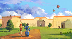 Rule 34 | 2boys, 2girls, absurdres, android, architecture, bike shorts, bike shorts under shorts, bird, blonde hair, boots, brown hair, cabbie hat, cat, cloud, commentary request, full body, gate, gloves, hat, highres, house, long hair, mega man (series), mega man legends (series), mega man volnutt, multiple boys, multiple girls, outdoors, outstretched arm, pointing, red shorts, roll caskett (mega man), scenery, seagull, servbot (mega man), sho.t, shorts, signature, sky, tree, walking, wall, wide shot
