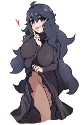 Rule 34 | 1girl, ahoge, between breasts, blue eyes, blue hair, blush, breasts, clothes lift, covered erect nipples, creatures (company), doruka, dress, dress lift, female focus, game freak, groin, hair between eyes, heart, hex maniac (pokemon), highres, index finger raised, large breasts, legs, lifting own clothes, light blush, long hair, looking at viewer, nintendo, no panties, no pussy, open mouth, pokemon, pokemon xy, simple background, smile, solo, standing, thighs, turtleneck, white background