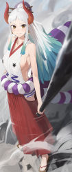 Rule 34 | 1girl, absurdres, belt, blurry, blurry background, blurry foreground, blush, breasts, brown eyes, closed mouth, club (weapon), collarbone, dust, dust cloud, earrings, green hair, hair bun, hand on belt, highres, holding, holding club, holding weapon, horns, jewelry, long hair, looking at viewer, multicolored hair, one piece, oni, oni horns, red horns, rope belt, sideboob, so shio, solo, standing, toenails, weapon, white hair, yamato (one piece)