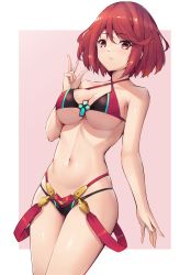 Rule 34 | 1girl, adapted costume, arm up, bare arms, bare shoulders, bikini, blush, breasts, chest jewel, commentary request, cowboy shot, eol 9, halterneck, highleg, highleg bikini, highleg swimsuit, highres, large breasts, looking at viewer, multi-strapped bikini, navel, pyra (xenoblade), red eyes, red hair, short hair, simple background, smile, solo, string bikini, swept bangs, swimsuit, thighs, underboob, v, white background, xenoblade chronicles (series), xenoblade chronicles 2