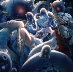 Rule 34 | 1girl, abyssal ship, blue eyes, breasts, cannon, electric guitar, eyeball hair ornament, glowing, glowing eyes, guitar, hair between eyes, highres, holding, holding instrument, incomplete battleship princess, instrument, kajaneko, kantai collection, medium breasts, monster girl, octopus, pale skin, rigging, scylla, solo, tentacle hair, turret