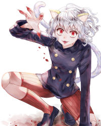 Rule 34 | animal ears, blood, cat ears, cat tail, claws, fang, grin, highres, hunter x hunter, looking at viewer, neferpitou, other focus, red eyes, simple background, smile, solo, tail, white background, white hair