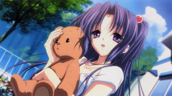 Rule 34 | 00s, 1girl, bear, blue hair, clannad, day, dress, hair bobbles, hair ornament, highres, ichinose kotomi, non-web source, official art, purple eyes, solo, stuffed animal, stuffed toy, sundress, teddy bear, two side up