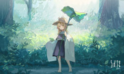 Rule 34 | 1girl, artist name, barefoot, blonde hair, blush, bush, closed mouth, commentary request, eyebrows hidden by hair, forest, frog, full body, hair ribbon, hat, leaf umbrella, long hair, long sleeves, looking at viewer, moriya suwako, nature, outdoors, puddle, purple skirt, purple vest, rain, red ribbon, ribbon, sate usazirou, shirt, skirt, skirt set, sleeves past fingers, sleeves past wrists, smile, solo, standing, touhou, vest, water drop, white shirt, wide sleeves, yellow eyes, yellow hat