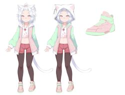 Rule 34 | 1girl, absurdres, animal ear fluff, animal ears, animal hood, bangs pinned back, black pantyhose, cat ears, cat girl, cat hood, cat tail, collarbone, commentary, commission, crop top, ear piercing, english commentary, full body, highres, hood, hood down, hood up, hooded jacket, jacket, jewelry, klaius, pantyhose under shorts, long sleeves, looking at viewer, midriff, multiple views, open clothes, open jacket, original, pantyhose, paw print, pendant, piercing, pink eyes, pink footwear, pink shorts, shirt, shoes, short hair, shorts, silver hair, simple background, sleeves past wrists, smile, sneakers, tail, variations, white background, white shirt