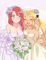 Rule 34 | 2girls, blonde hair, blush, bouquet, breasts, bridal veil, bride, cleavage, couple, dress, earrings, elbow gloves, closed eyes, flower, forte stollen, galaxy angel, gloves, hakinikui kutsu no mise, jewelry, long hair, multiple girls, necklace, open mouth, ranpha franboise, red hair, ring, short hair, veil, wedding band, wedding dress, white gloves, wife and wife, yuri