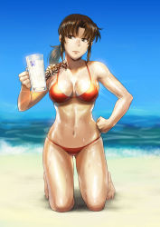 Rule 34 | 1girl, azasuke, barefoot, beach, beer mug, bikini, black lagoon, blue sky, blush, breasts, breasts apart, brown eyes, brown hair, clenched hand, cum, cum in container, cum in cup, cup, day, embarrassed, facing viewer, full body, gokkun, hand on own hip, highres, holding, holding cup, kneeling, long hair, looking to the side, medium breasts, mug, nail polish, navel, ocean, outdoors, ponytail, red bikini, red nails, revy (black lagoon), shiny skin, shoulder tattoo, skindentation, sky, solo, sweat, swimsuit, tattoo, toenail polish, toenails, wet