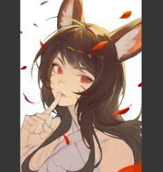 Rule 34 | 1girl, ahri (league of legends), animal ear fluff, animal ears, closed mouth, facial mark, finger to mouth, fox ears, hair between eyes, immortalized legend ahri, league of legends, long hair, looking at viewer, official alternate costume, potatohell, red eyes, red petals, sidelocks, simple background, sketch, smile, solo, unfinished, upper body, whisker markings