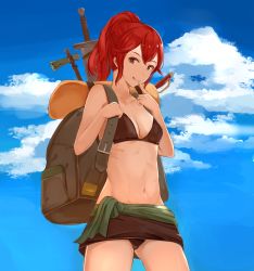Rule 34 | 1girl, :q, akuria, anna (fire emblem), axe, backpack, bad id, bad pixiv id, bag, bikini, blue sky, breasts, brown bikini, brown eyes, cleavage, cloud, cowboy shot, day, finger to mouth, fire emblem, fire emblem fates, highres, long hair, looking at viewer, medium breasts, navel, nintendo, ponytail, red eyes, sky, smile, solo, swimsuit, sword, tongue, tongue out, weapon