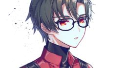 Rule 34 | 1boy, afterl!fe, black hair, cyrille (afterl!fe), facing away, glasses, highres, hwaen, looking at viewer, male focus, parted lips, red eyes, short hair, solo, teeth, turtleneck, white background