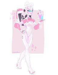 Rule 34 | 1girl, animal ears, arcee, boots, breasts, cleavage, drink, fake animal ears, fishnet pantyhose, fishnets, high heel boots, high heels, highres, lipstick, makeup, pantyhose, playboy bunny, rabbit ears, solo, thigh boots, thighhighs, transformers, transformers animated