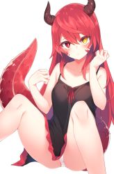 Rule 34 | 1girl, bare shoulders, black camisole, blush, camisole, collarbone, commentary request, commission, dragon tail, feet out of frame, hair between eyes, heterochromia, highres, horns, long hair, looking at viewer, original, otokuyou, panties, pantyshot, pixiv commission, red eyes, red hair, scales, simple background, sitting, sleeveless, solo, spaghetti strap, tail, underwear, white background, white panties, yellow eyes