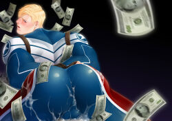 Rule 34 | 1boy, arms behind back, ass, back, banknote, bara, blonde hair, blue bodysuit, blush, bodysuit, bound, bound wrists, bulge, captain america, captain america (series), cum, cum on ass, cum on clothes, dollar bill, falling money, looking back, male focus, marvel, money, multicolored bodysuit, multicolored clothes, muscular, muscular male, mxsxe, open mouth, red bodysuit, short hair, solo, steve rogers, white bodysuit, yaoi