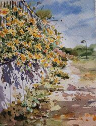 Rule 34 | akemisuisai, blue sky, bush, cloud, cloudy sky, day, fence, flower, forest, highres, iron fence, lamppost, nature, no humans, orange flower, original, painting (medium), plant, scenery, sky, traditional media, tree, watercolor (medium)