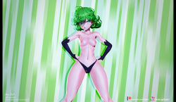 Rule 34 | 1girl, 3d, armpits, blush, breasts, bridal gauntlets, curly hair, floating, green eyes, green hair, hands on own hips, highres, looking at viewer, medium breasts, navel, one-punch man, panties, short hair, solo, tatsumaki, thick thighs, thighs, topless, underwear, upper body, zy0n7