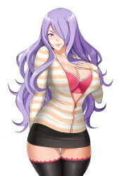 Rule 34 | 1girl, alternate costume, black skirt, black thighhighs, blush, bra, breasts, camilla (fire emblem), cardigan, cleavage, closed mouth, commission, cowboy shot, fire emblem, fire emblem fates, hair over one eye, large breasts, long hair, long sleeves, looking at viewer, metalbolic, miniskirt, nintendo, open cardigan, open clothes, pink bra, purple eyes, purple hair, skirt, smile, solo, thighhighs, thighs, underwear, unzipped, wavy hair