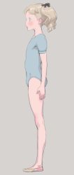 Rule 34 | 1girl, blonde hair, blue eyes, blush, child, female focus, flat chest, leotard, profile, short hair, simple background, sketch, slippers, solo, standing, takatou sora, thighs