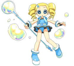 Rule 34 | 00s, 1girl, belt, blonde hair, blue eyes, bubble, drill hair, fingerless gloves, gloves, goutokuji miyako, hair ornament, hairclip, jacket, long hair, oekaki, open mouth, outstretched arms, pleated skirt, powerpuff girls, powerpuff girls z, rolling bubbles, shoes, skirt, solo, twin drills, twintails, weapon, white background