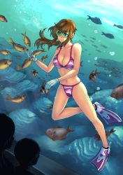 Rule 34 | 1girl, absurdres, air bubble, bikini, breasts, breath, brown hair, bubble, cleavage, coral, diving, diving mask, doris20140830, fish, flippers, freediving, glass, gloves, goggles, green eyes, highres, holding breath, large breasts, long hair, moe2016, navel, ocean, original, solo, striped bikini, striped clothes, swimming, swimsuit, underwater, white gloves