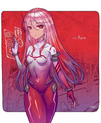 Rule 34 | 1girl, armored core, armored core 6, ayre (armored core 6), bodysuit, bracelet, breasts, fingerless gloves, gia, gloves, gradient hair, highres, holographic monitor, jewelry, long hair, looking at viewer, multicolored hair, pink hair, red bodysuit, red eyes, red hair, small breasts, two-tone bodysuit, two-tone hair, white bodysuit