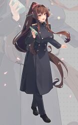 Rule 34 | 1girl, alternate costume, black coat, black footwear, blush, bottle, breasts, brown hair, coat, crossed legs, double-blade, full body, hair intakes, headgear, highres, himeyamato, holding, holding bottle, kantai collection, large breasts, long hair, looking at viewer, military uniform, open mouth, ponytail, purple eyes, sidelocks, smile, taut clothes, trench coat, uniform, very long hair, watson cross, yamato (kancolle)