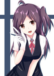 Rule 34 | 10s, 1girl, :d, absurdres, ahoge, brown eyes, gloves, hagikaze (kancolle), highres, kantai collection, leaning forward, long hair, looking at viewer, masmbel, neck ribbon, open mouth, parted bangs, purple hair, red ribbon, ribbon, school uniform, short sleeves, side ponytail, skirt, smile, solo, v, vest, white gloves