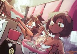 Rule 34 | 1other, 2021, 2girls, animal ears, blowing, bowl, brown hair, child, chopsticks, colo (nagrolaz), dog ears, dog girl, dutch angle, food, furry, furry female, highres, jewelry, mole, mole under eye, multiple girls, necklace, noodles, open mouth, original, ramen, sharp teeth, soy sauce, spoon, steam, teeth, tooth necklace, topknot, yellow eyes