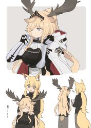 Rule 34 | 2girls, animal ear fluff, animal ears, antlers, arknights, armor, black sweater, blonde hair, book, cloak, closed eyes, commentary request, deer antlers, deer ears, deer girl, deer tail, from behind, gauntlets, grey background, grey eyes, hands on another&#039;s shoulders, high ponytail, highres, holding, holding book, horns, horse ears, horse tail, kumamoto aichi, long hair, looking at another, low ponytail, multicolored cloak, multiple girls, multiple views, nearl (arknights), nearl the radiant knight (arknights), open mouth, orange eyes, ponytail, red cloak, sweater, tail, translation request, turtleneck, two-tone background, two-tone cloak, very long hair, viviana (arknights), white background, white cloak