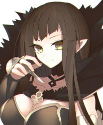 Rule 34 | 1girl, bare shoulders, black hair, breasts, choker, cleavage, elbow gloves, fate/apocrypha, fate (series), frills, gloves, highres, long hair, pointy ears, semiramis (fate), smile, solo, spikes, yellow eyes