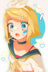 Rule 34 | !, 1girl, bandaid, bandaid on face, blonde hair, blue eyes, bow, bug, butterfly, butterfly on nose, detached sleeves, food print, hair bow, hair ornament, heart, highres, insect, kagamine rin, makorie, microphone, open mouth, ribbon, sailor collar, sticker on face, strawberry print, throat microphone, treble clef, upper body, vocaloid, white background, white bow, yellow ribbon