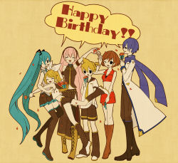 Rule 34 | 2boys, 4girls, aqua hair, basket, black eyes, blonde hair, blue hair, blue scarf, boots, brown hair, cocococco, cross-laced footwear, flower, happy birthday, hatsune miku, hug, kagamine len, kagamine rin, kaito (vocaloid), knee boots, lace-up boots, long hair, megurine luka, meiko (vocaloid), multiple boys, multiple girls, necktie, one eye closed, pink hair, ribbon, scarf, thigh boots, thighhighs, twintails, vocaloid, wink
