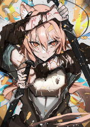 Rule 34 | 1girl, absurdres, animal ears, arknights, armor, blood, blood on arm, blood on face, breastplate, chuhaibane, dual wielding, dynamic pose, facing viewer, female focus, glowing, glowing eyes, gravel (arknights), highres, holding, holding sword, holding weapon, long hair, looking at viewer, mouse ears, mouse girl, pink hair, red eyes, solo, sparks, sword, torn clothes, torn sleeves, upper body, weapon