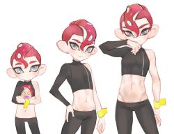 Rule 34 | 3boys, age progression, agent 8 (splatoon), blue eyes, blush, eyebrows, hair between eyes, jtveemo, male focus, midriff, multiple boys, navel, nintendo, octoling, octoling boy, octoling player character, red hair, simple background, splatoon (series), splatoon 2, splatoon 2: octo expansion, tentacle hair, white background