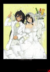 Rule 34 | absurdres, ahoge, asuka (senran kagura), black hair, blush, bouquet, bow, breasts, bridal veil, bride, choker, cleavage, couple, crossdressing, dark-skinned female, dark skin, dress, elbow gloves, falling petals, female focus, flower, flower choker, formal, gloves, green eyes, groom, hair ribbon, high ponytail, highres, holding, holding another&#039;s arm, holding bouquet, homura (senran kagura), katana, lace, lace-trimmed dress, lace trim, large breasts, long hair, looking at viewer, multiple swords, necktie, official art, open mouth, page number, petals, ponytail, ribbon, rose, senran kagura, senran kagura burst, senran kagura shoujo-tachi no shin&#039;ei, simple background, smile, sparkle, strapless, strapless dress, suit, sword, tan, teeth, tongue, translation request, tuxedo, upper teeth only, v, v-shaped eyebrows, veil, very long hair, weapon, wedding, wedding dress, white choker, white dress, white flower, white gloves, white ribbon, white rose, white suit, wife and wife, wrist bow, yaegashi nan, yellow background, yellow necktie, yuri
