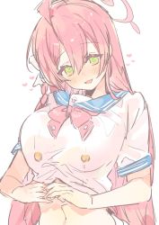 Rule 34 | 1girl, ahoge, blue archive, blue sailor collar, blush, breasts, green eyes, hair between eyes, halo, hanako (blue archive), highres, large breasts, long hair, looking at viewer, navel, parted lips, pink hair, pink neckwear, sailor collar, school uniform, serafuku, simple background, solo, upper body, very long hair, white background, ymm007xx