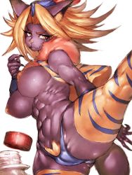 Rule 34 | 1girl, abs, animal ears, blonde hair, breasts, cameltoe, cat ears, claws, commentary, covered erect nipples, dark-skinned female, dark skin, female pubic hair, fumio (rsqkr), furry, furry female, genderswap, genderswap (mtf), highres, kevin (seiken densetsu 3), large breasts, leg up, medium hair, monster girl, pubic hair, seiken densetsu, seiken densetsu 3, short hair, slit pupils, snout, solo, tail, thong, toned
