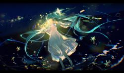 Rule 34 | 1girl, absurdres, bare shoulders, barefoot, blue hair, closed eyes, dress, eyebrows hidden by hair, fireworks, green eyes, hatsune miku, highres, holding, kamihari, light, long hair, looking at viewer, night, smile, solo, twintails, vocaloid, water