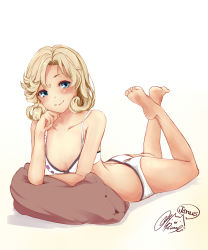 Rule 34 | 1girl, arched back, bare shoulders, barefoot, beige background, blonde hair, blue eyes, bra, character name, collarbone, feet up, full body, gradient background, head tilt, janus (kancolle), kantai collection, looking at viewer, lying, on stomach, panties, rizzl, short hair, signature, smile, solo, the pose, underwear, underwear only, white bra, white panties