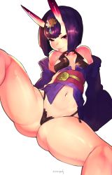Rule 34 | 1girl, absurdres, artist name, bad id, bad twitter id, bob cut, breasts, eyeliner, fate/grand order, fate (series), gluteal fold, groin, headpiece, highres, horns, japanese clothes, kimono, looking at viewer, makeup, navel, obi, off shoulder, oni, open clothes, open kimono, purple eyes, purple hair, purple kimono, pussy, pussy peek, revealing clothes, roropull, sash, short eyebrows, short hair, short kimono, shuten douji (fate), simple background, skin-covered horns, small breasts, smile, solo, spread legs, thick thighs, thighs, wide sleeves