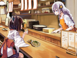 Rule 34 | 2girls, ahoge, apron, black skirt, blue eyes, braid, brown hair, chopsticks, commentary request, cup, drinking glass, eye contact, eyebrows hidden by hair, food, grey hair, hair between eyes, hair ornament, headgear, holding, holding cup, indoors, japanese clothes, kimono, kizuna akari, lamb (hitsujiniku), long hair, looking at another, low twintails, multiple girls, orange apron, plate, pleated skirt, profile, red eyes, shirt, short sleeves, skirt, touhoku kiritan, twin braids, twintails, very long hair, voiceroid, white kimono, white shirt