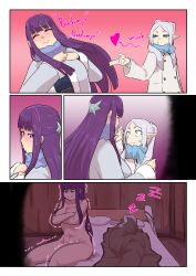 Rule 34 | 2girls, absurdres, aftersex, bed, blush, comic, completely nude, covering breasts, covering privates, elf, fern (sousou no frieren), frieren, green eyes, highres, indoors, instant loss, kiss, long hair, multiple girls, nude, pointy ears, purple eyes, purple hair, scarf, sleeping, sousou no frieren, trembling, ukaya masaru (artist), white hair, yuri